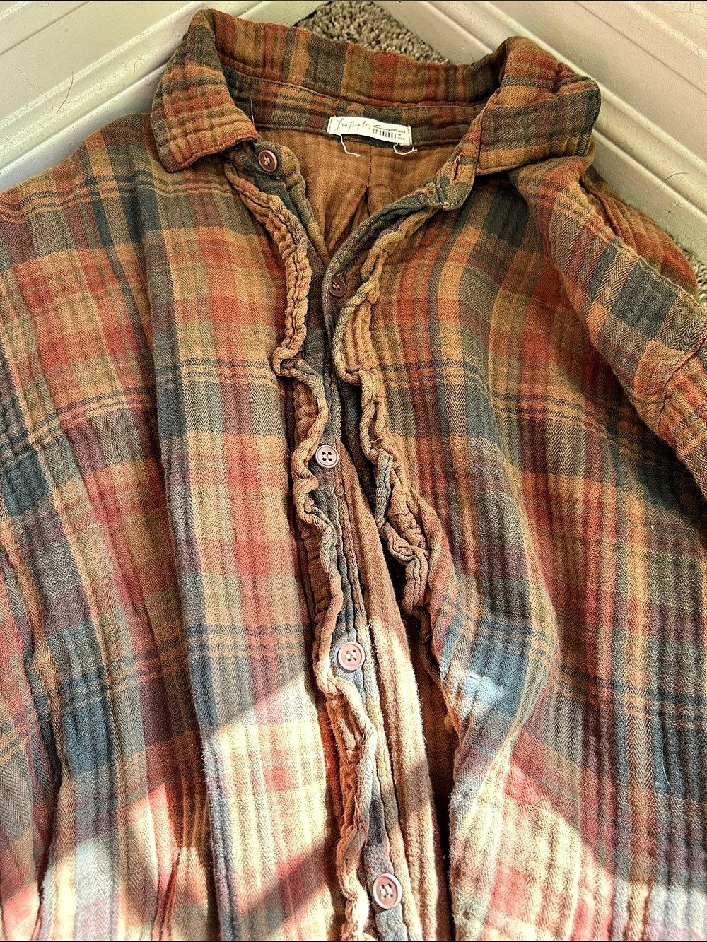 Free People x CP Shades Ruffle Plaid Shirt Brown & Blue - Picture 3 of 6